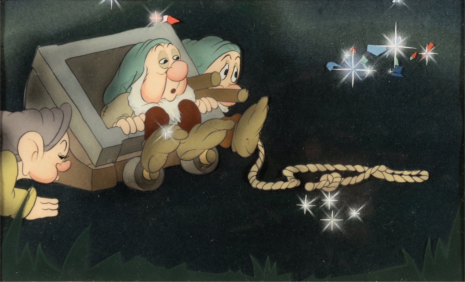 Snow White and the Seven Dwarfs Dopey, Sleepy, and Sneezy Production Cel Courvoisier Setup